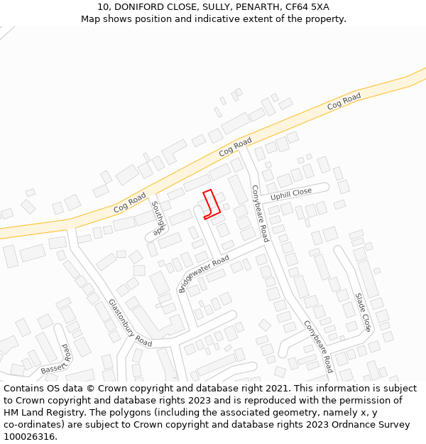 10, DONIFORD CLOSE, SULLY, PENARTH, CF64 5XA: Location map and indicative extent of plot