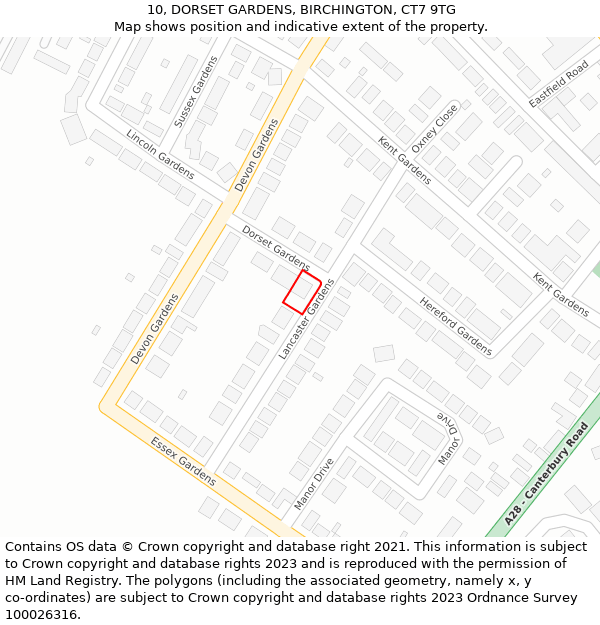 10, DORSET GARDENS, BIRCHINGTON, CT7 9TG: Location map and indicative extent of plot