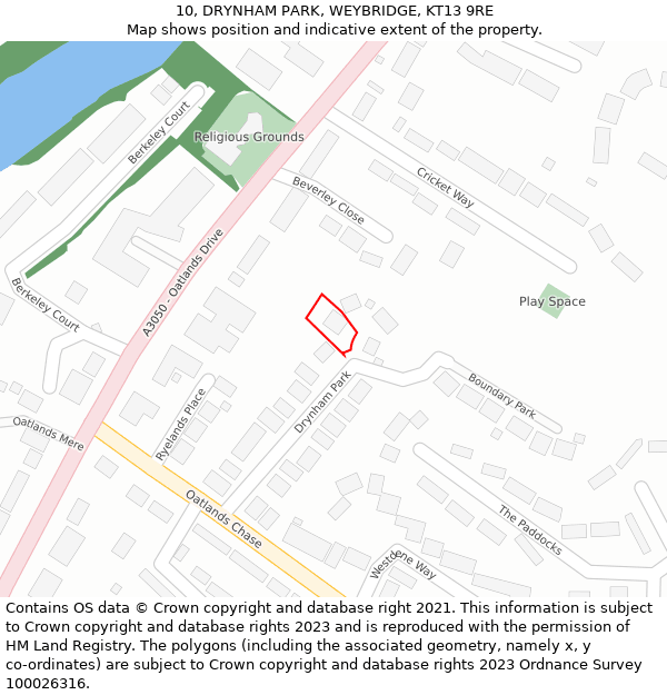 10, DRYNHAM PARK, WEYBRIDGE, KT13 9RE: Location map and indicative extent of plot