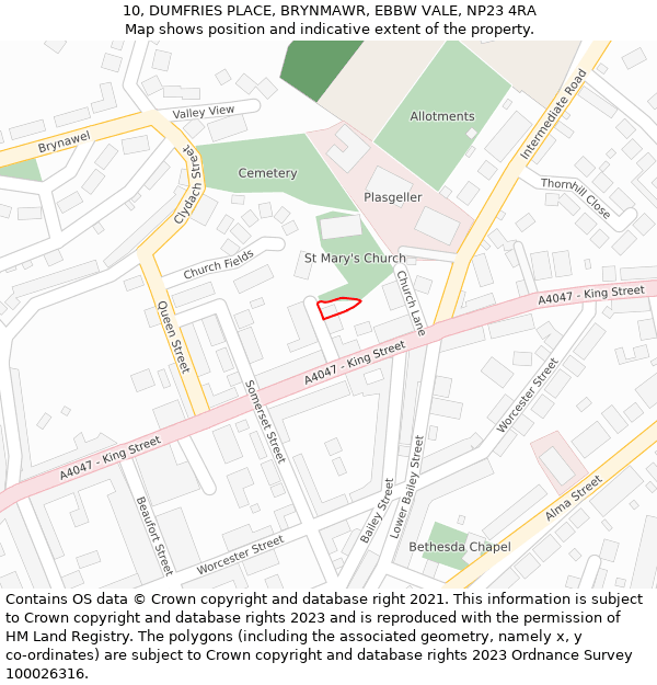 10, DUMFRIES PLACE, BRYNMAWR, EBBW VALE, NP23 4RA: Location map and indicative extent of plot