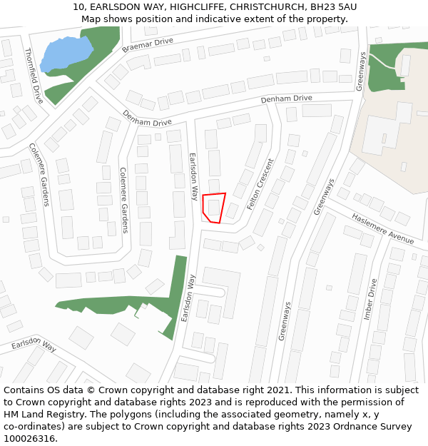 10, EARLSDON WAY, HIGHCLIFFE, CHRISTCHURCH, BH23 5AU: Location map and indicative extent of plot