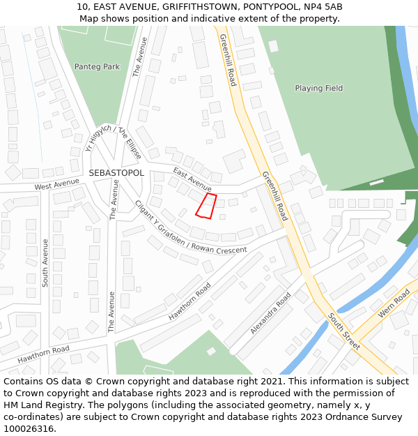 10, EAST AVENUE, GRIFFITHSTOWN, PONTYPOOL, NP4 5AB: Location map and indicative extent of plot