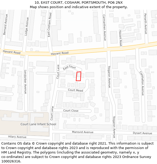 10, EAST COURT, COSHAM, PORTSMOUTH, PO6 2NX: Location map and indicative extent of plot