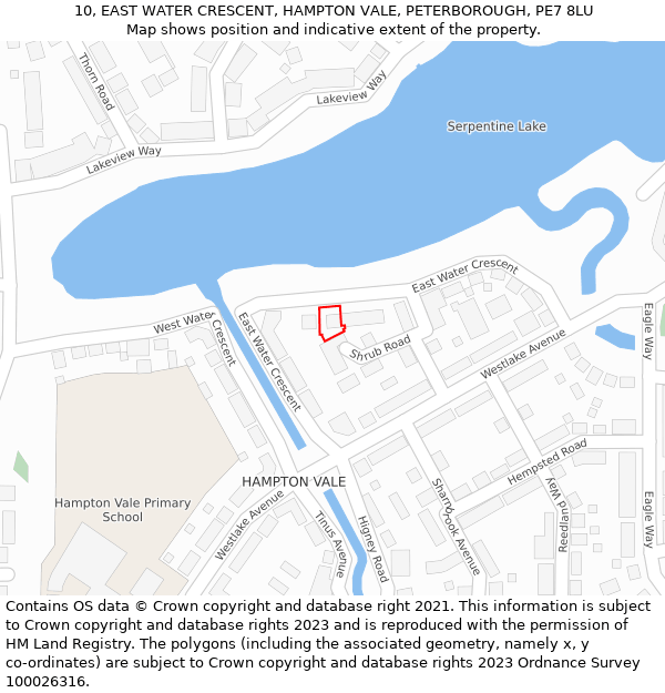 10, EAST WATER CRESCENT, HAMPTON VALE, PETERBOROUGH, PE7 8LU: Location map and indicative extent of plot