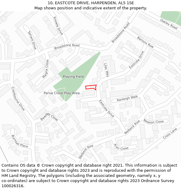 10, EASTCOTE DRIVE, HARPENDEN, AL5 1SE: Location map and indicative extent of plot