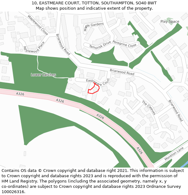 10, EASTMEARE COURT, TOTTON, SOUTHAMPTON, SO40 8WT: Location map and indicative extent of plot