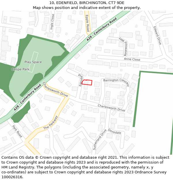 10, EDENFIELD, BIRCHINGTON, CT7 9DE: Location map and indicative extent of plot