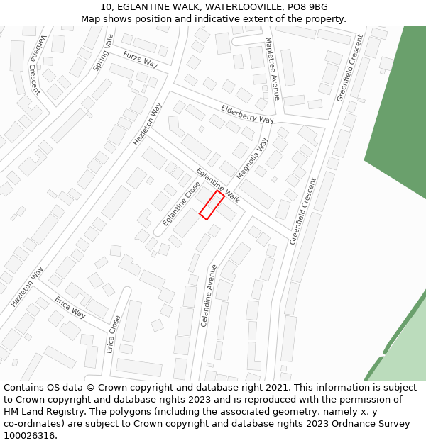 10, EGLANTINE WALK, WATERLOOVILLE, PO8 9BG: Location map and indicative extent of plot