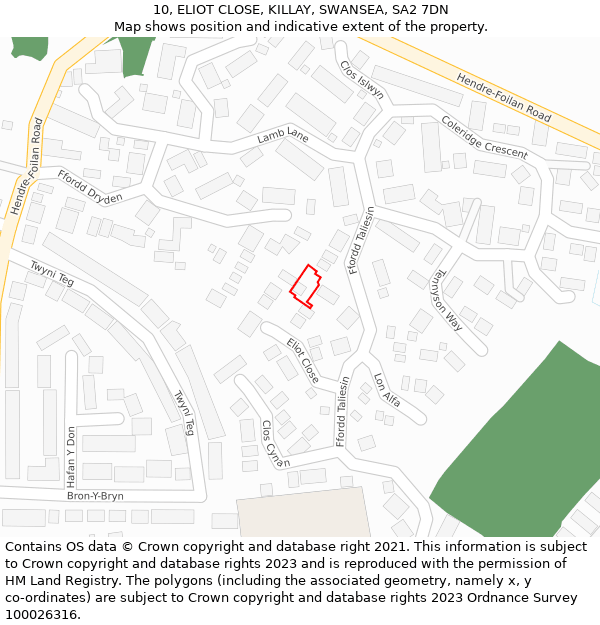 10, ELIOT CLOSE, KILLAY, SWANSEA, SA2 7DN: Location map and indicative extent of plot