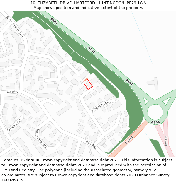 10, ELIZABETH DRIVE, HARTFORD, HUNTINGDON, PE29 1WA: Location map and indicative extent of plot