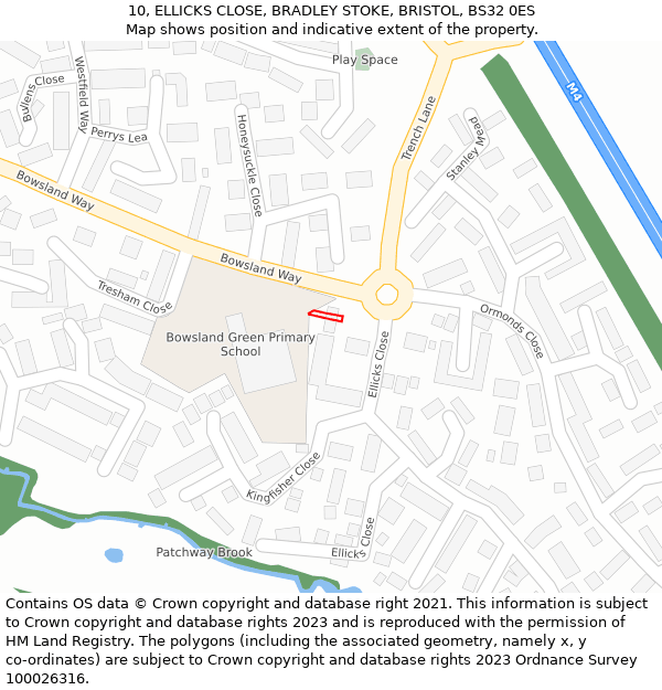 10, ELLICKS CLOSE, BRADLEY STOKE, BRISTOL, BS32 0ES: Location map and indicative extent of plot