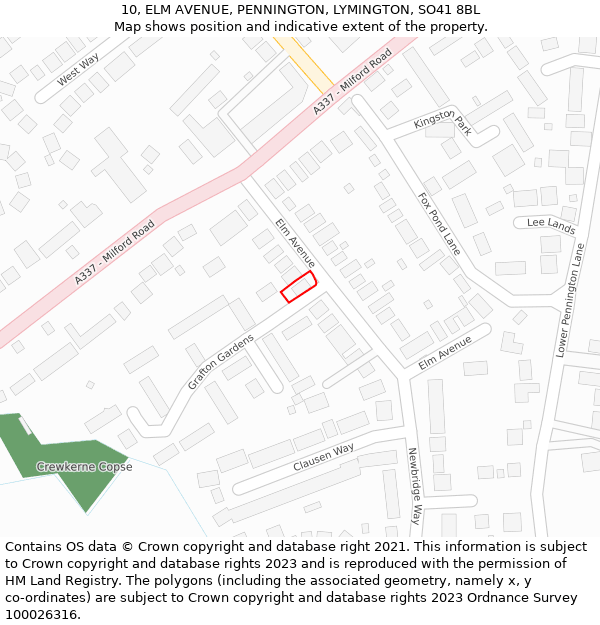 10, ELM AVENUE, PENNINGTON, LYMINGTON, SO41 8BL: Location map and indicative extent of plot