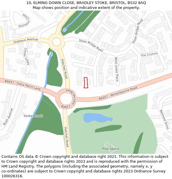 10, ELMING DOWN CLOSE, BRADLEY STOKE, BRISTOL, BS32 8AQ: Location map and indicative extent of plot