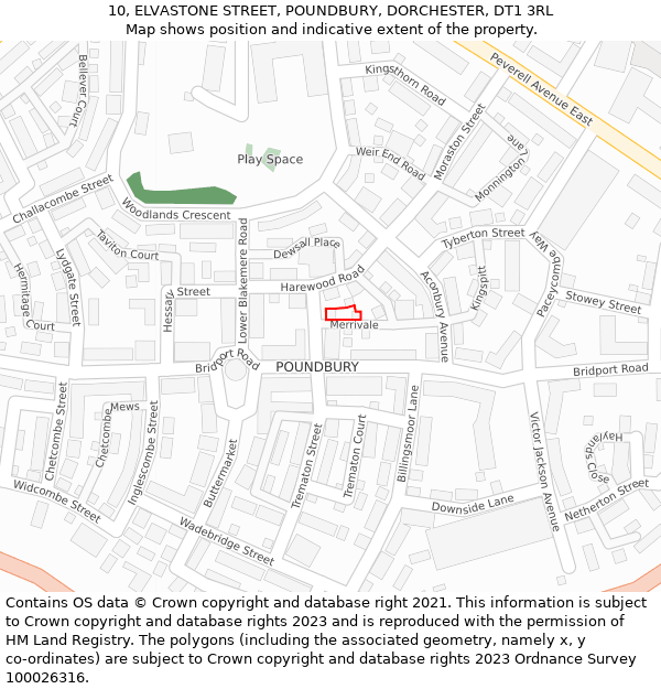 10, ELVASTONE STREET, POUNDBURY, DORCHESTER, DT1 3RL: Location map and indicative extent of plot