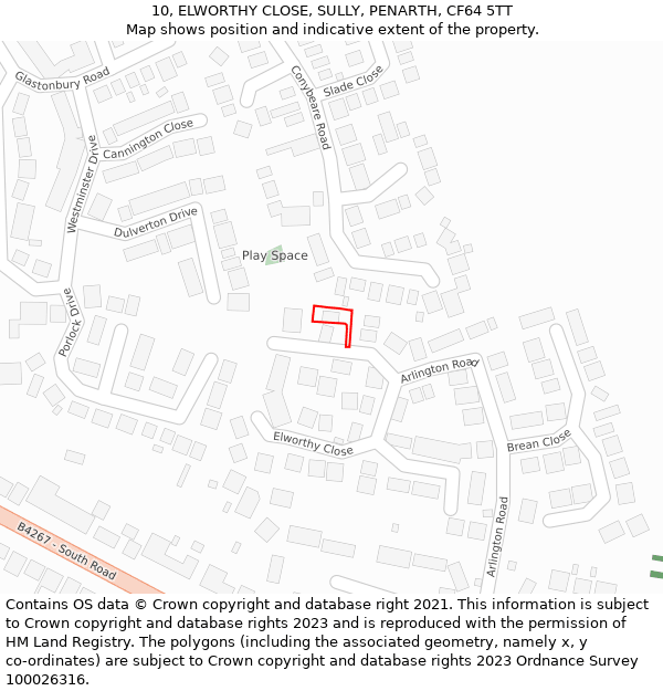 10, ELWORTHY CLOSE, SULLY, PENARTH, CF64 5TT: Location map and indicative extent of plot