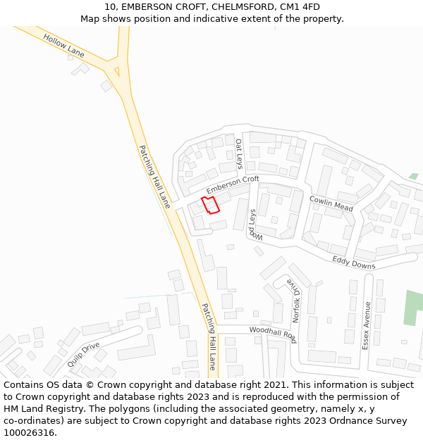 10, EMBERSON CROFT, CHELMSFORD, CM1 4FD: Location map and indicative extent of plot