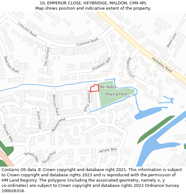 10, EMPEROR CLOSE, HEYBRIDGE, MALDON, CM9 4PL: Location map and indicative extent of plot
