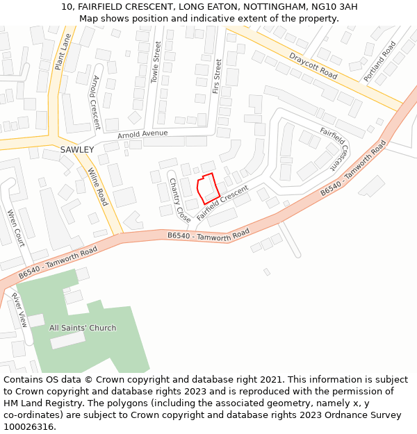 10, FAIRFIELD CRESCENT, LONG EATON, NOTTINGHAM, NG10 3AH: Location map and indicative extent of plot