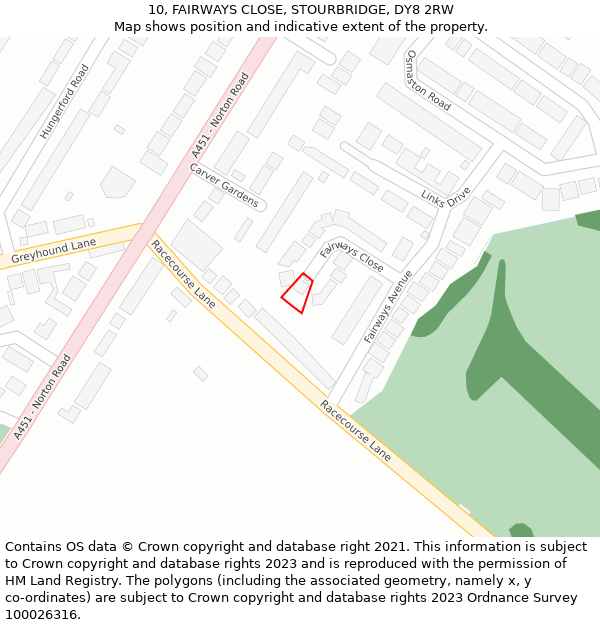 10, FAIRWAYS CLOSE, STOURBRIDGE, DY8 2RW: Location map and indicative extent of plot