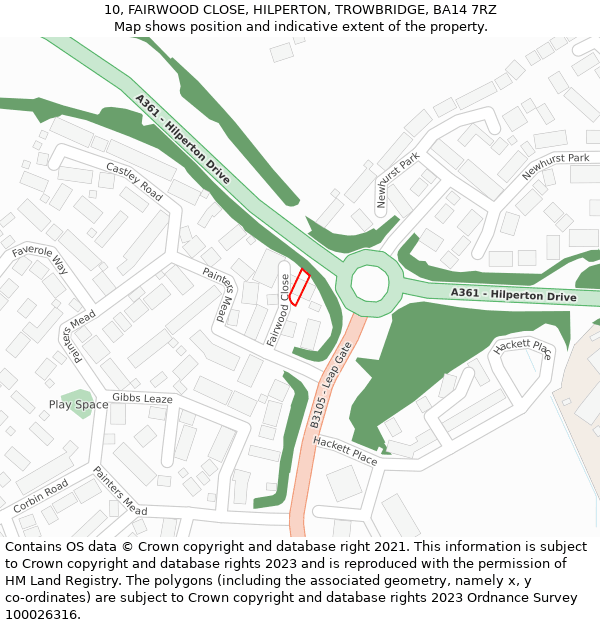 10, FAIRWOOD CLOSE, HILPERTON, TROWBRIDGE, BA14 7RZ: Location map and indicative extent of plot