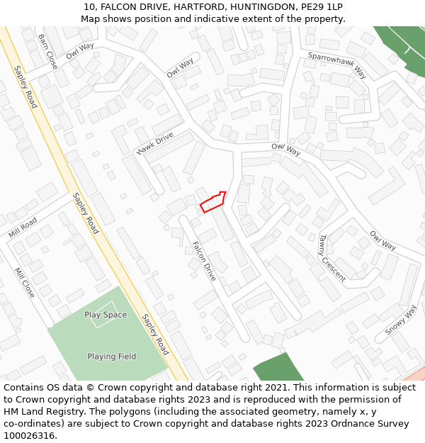 10, FALCON DRIVE, HARTFORD, HUNTINGDON, PE29 1LP: Location map and indicative extent of plot