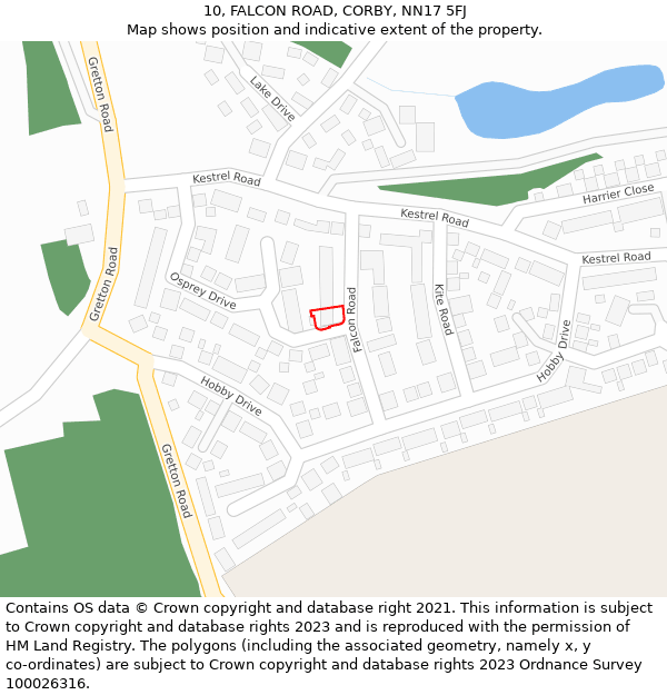 10, FALCON ROAD, CORBY, NN17 5FJ: Location map and indicative extent of plot