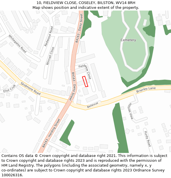 10, FIELDVIEW CLOSE, COSELEY, BILSTON, WV14 8RH: Location map and indicative extent of plot