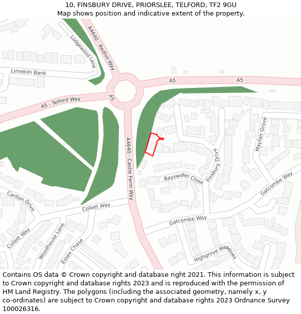10, FINSBURY DRIVE, PRIORSLEE, TELFORD, TF2 9GU: Location map and indicative extent of plot