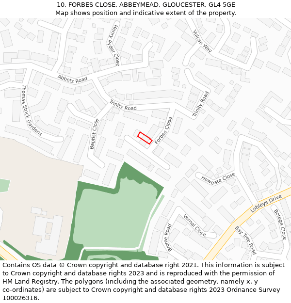 10, FORBES CLOSE, ABBEYMEAD, GLOUCESTER, GL4 5GE: Location map and indicative extent of plot