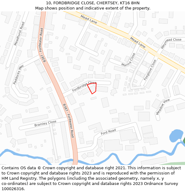 10, FORDBRIDGE CLOSE, CHERTSEY, KT16 8HN: Location map and indicative extent of plot