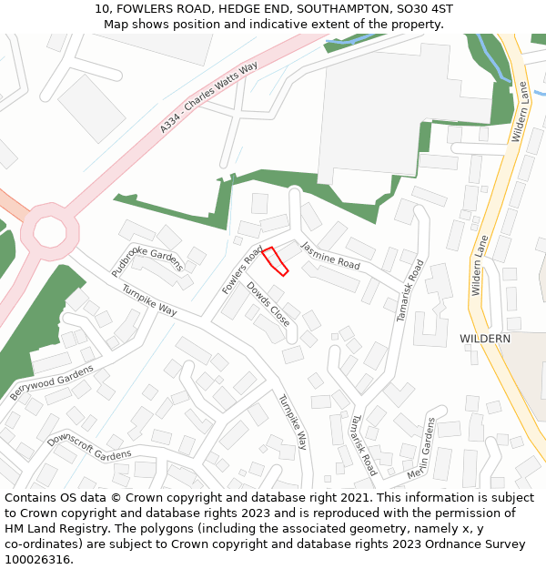 10, FOWLERS ROAD, HEDGE END, SOUTHAMPTON, SO30 4ST: Location map and indicative extent of plot