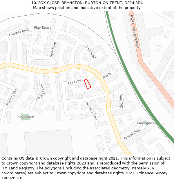 10, FOX CLOSE, BRANSTON, BURTON-ON-TRENT, DE14 3DU: Location map and indicative extent of plot