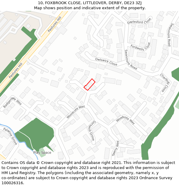 10, FOXBROOK CLOSE, LITTLEOVER, DERBY, DE23 3ZJ: Location map and indicative extent of plot