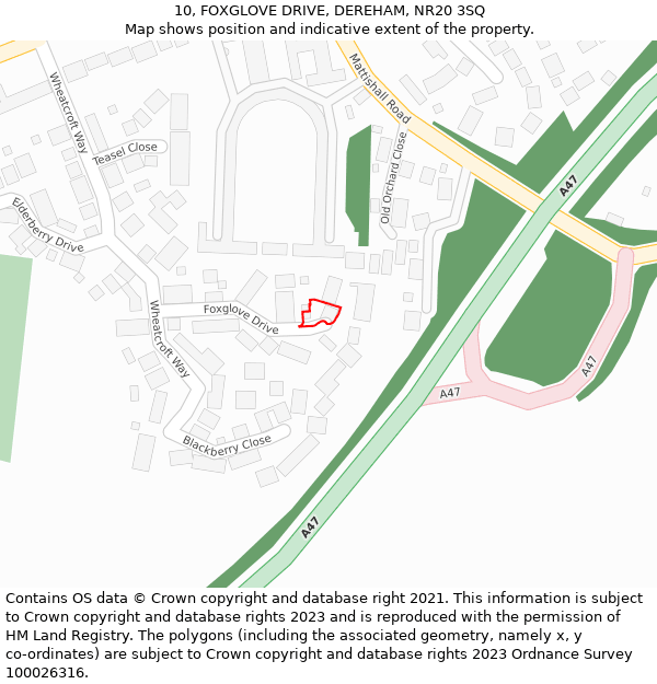 10, FOXGLOVE DRIVE, DEREHAM, NR20 3SQ: Location map and indicative extent of plot