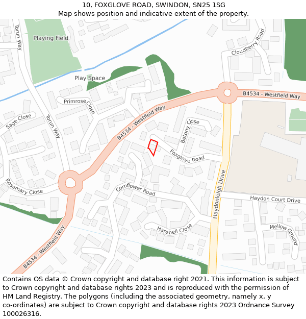 10, FOXGLOVE ROAD, SWINDON, SN25 1SG: Location map and indicative extent of plot