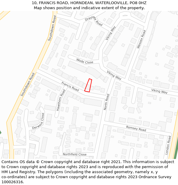 10, FRANCIS ROAD, HORNDEAN, WATERLOOVILLE, PO8 0HZ: Location map and indicative extent of plot