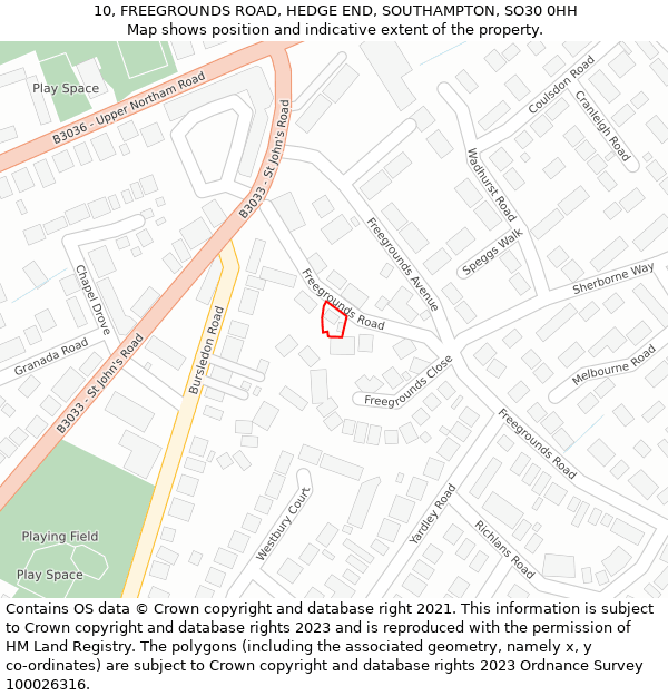 10, FREEGROUNDS ROAD, HEDGE END, SOUTHAMPTON, SO30 0HH: Location map and indicative extent of plot