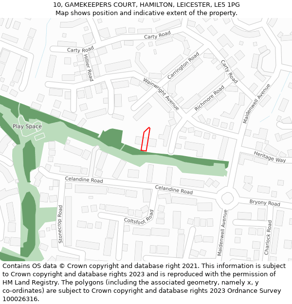 10, GAMEKEEPERS COURT, HAMILTON, LEICESTER, LE5 1PG: Location map and indicative extent of plot