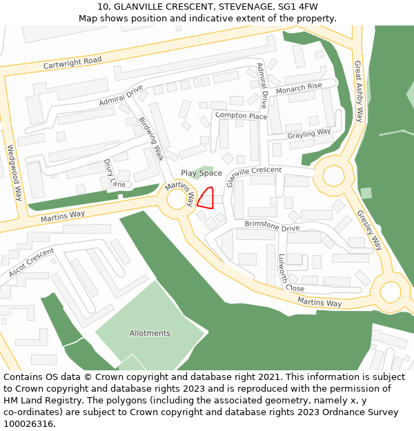 10, GLANVILLE CRESCENT, STEVENAGE, SG1 4FW: Location map and indicative extent of plot