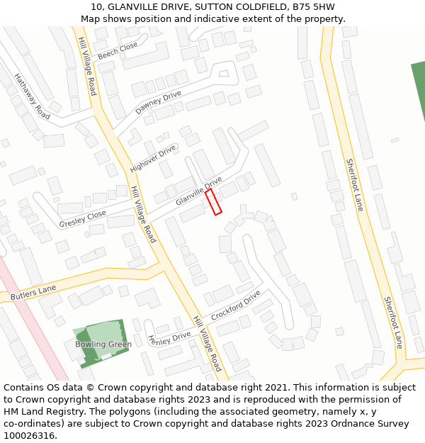 10, GLANVILLE DRIVE, SUTTON COLDFIELD, B75 5HW: Location map and indicative extent of plot