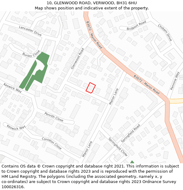 10, GLENWOOD ROAD, VERWOOD, BH31 6HU: Location map and indicative extent of plot