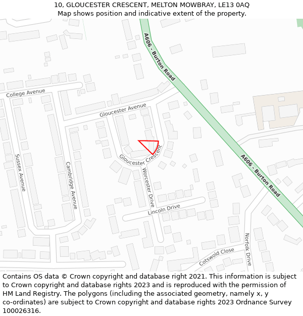 10, GLOUCESTER CRESCENT, MELTON MOWBRAY, LE13 0AQ: Location map and indicative extent of plot