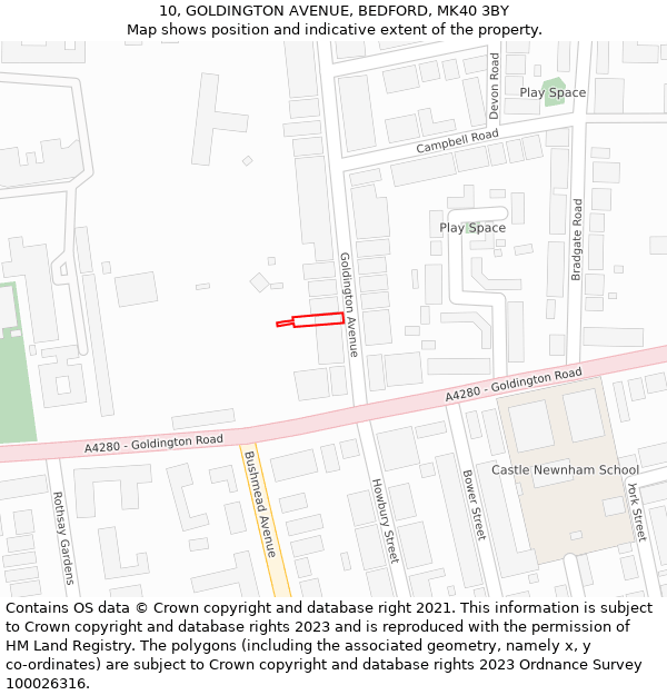 10, GOLDINGTON AVENUE, BEDFORD, MK40 3BY: Location map and indicative extent of plot