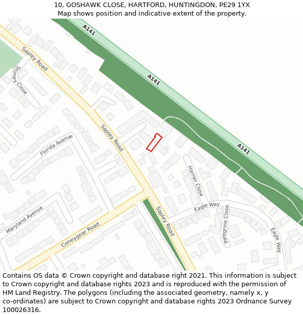 10, GOSHAWK CLOSE, HARTFORD, HUNTINGDON, PE29 1YX: Location map and indicative extent of plot