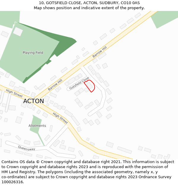 10, GOTSFIELD CLOSE, ACTON, SUDBURY, CO10 0AS: Location map and indicative extent of plot