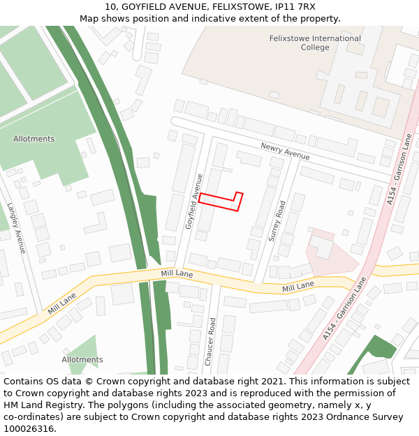 10, GOYFIELD AVENUE, FELIXSTOWE, IP11 7RX: Location map and indicative extent of plot