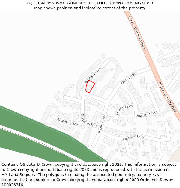 10, GRAMPIAN WAY, GONERBY HILL FOOT, GRANTHAM, NG31 8FY: Location map and indicative extent of plot