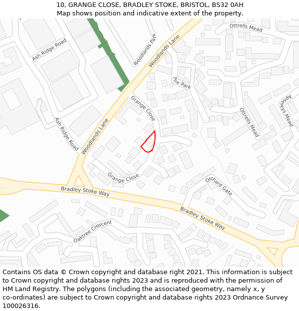 10, GRANGE CLOSE, BRADLEY STOKE, BRISTOL, BS32 0AH: Location map and indicative extent of plot