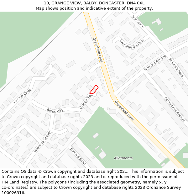 10, GRANGE VIEW, BALBY, DONCASTER, DN4 0XL: Location map and indicative extent of plot