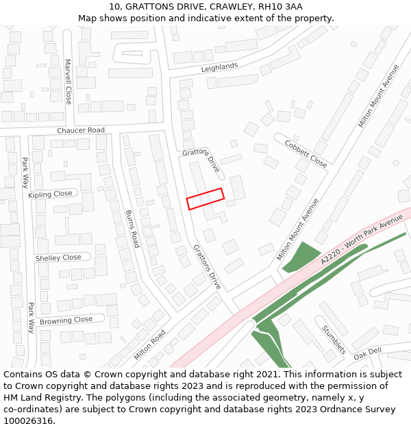 10, GRATTONS DRIVE, CRAWLEY, RH10 3AA: Location map and indicative extent of plot